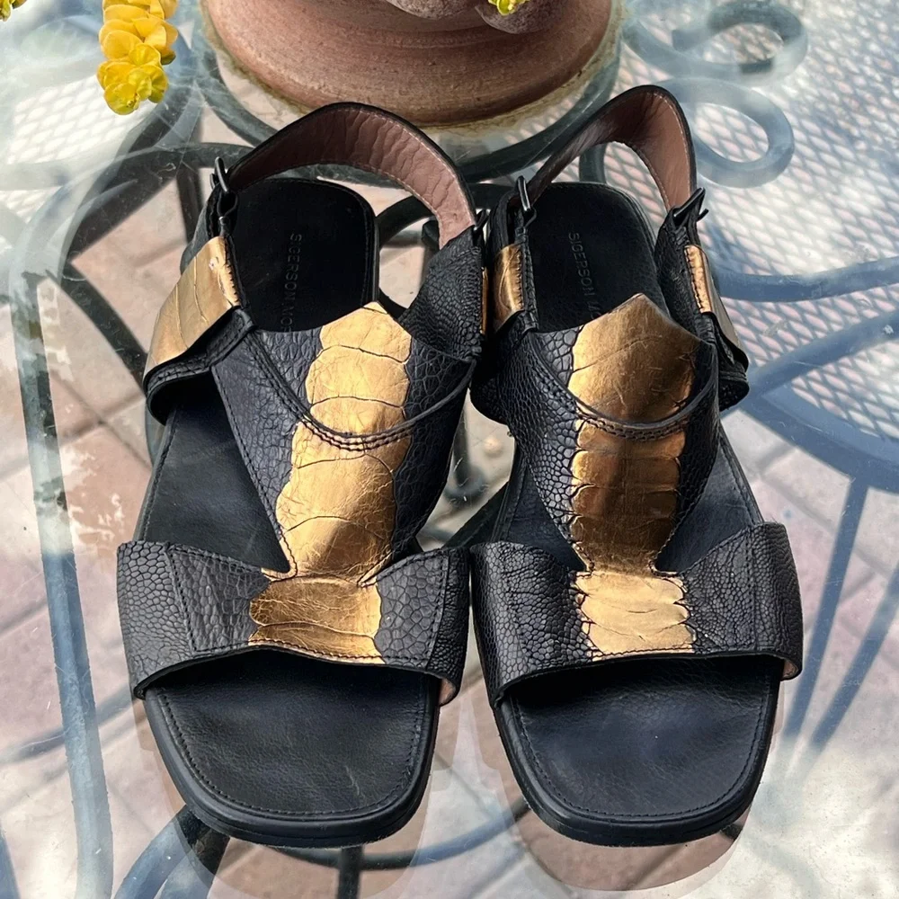 Sigerson Morrison Black and Gold Sandals with Ankle Strap - Picture 3 of 8